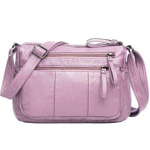 Pink Leather Crossbody Multi-Pocket Handbag